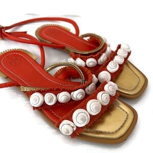 Tory Burch Strappy Wrap=Around Leather Beaded Womens Size 7 Orange Gold Sandals